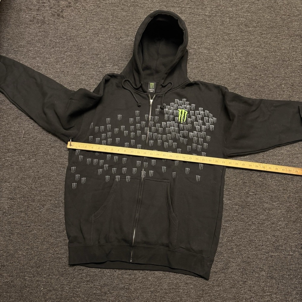Monster Energy All Over Print Logo Zip Up Hoodie Black Green Embroidered XL Y2K - Picture 9 of 9
